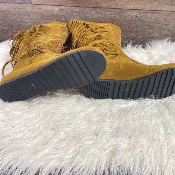 Ladies Moccasin Knee High Suede Wide Calf Leg Boots, Tan, - Picture 10 of 13